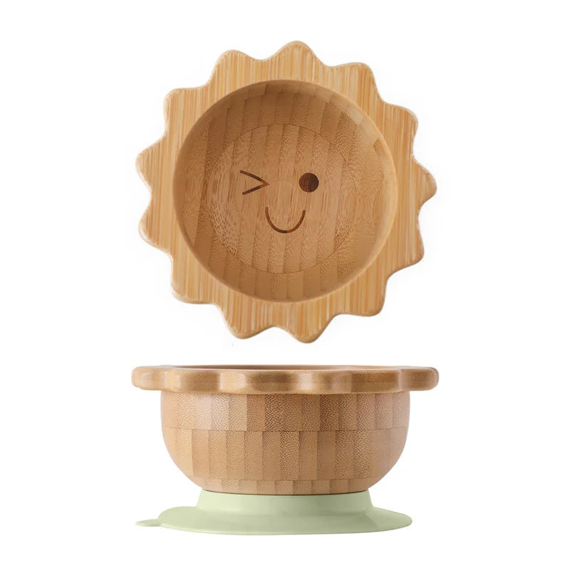 Kit Alimentação com Pratinho e Talheres de Bambu e Silicone com Ventosa