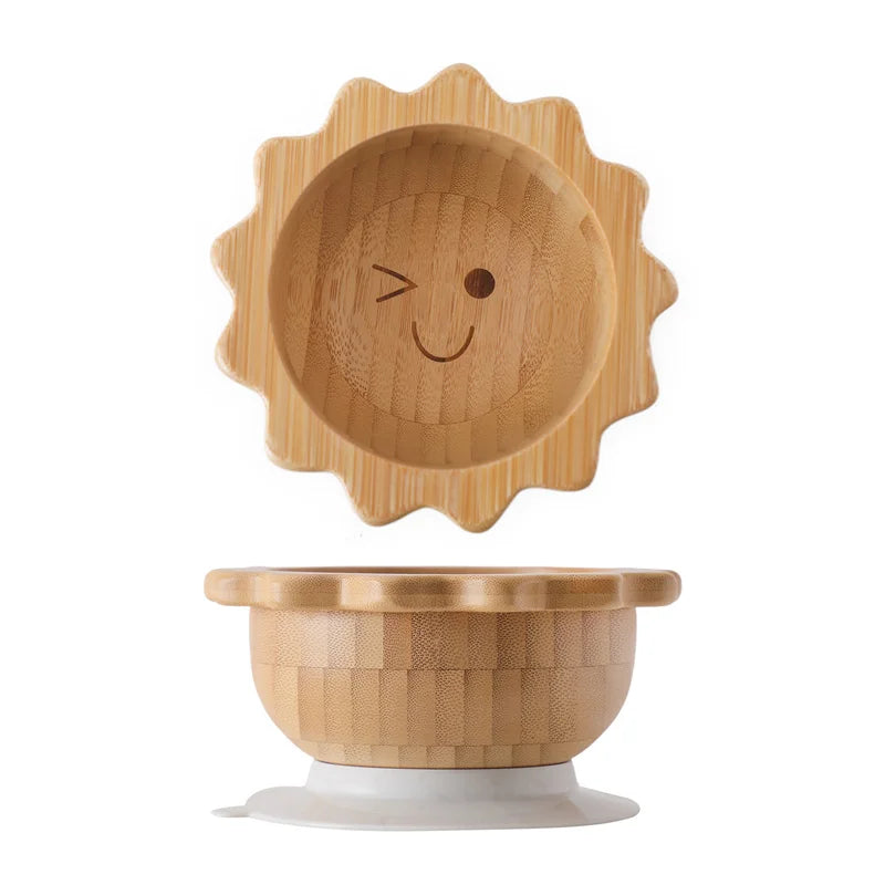 Kit Alimentação com Pratinho e Talheres de Bambu e Silicone com Ventosa