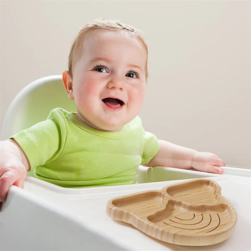 Kit Alimentação com Pratinho e Talheres de Bambu e Silicone com Ventosa