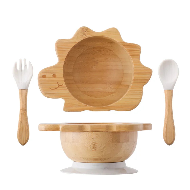 Kit Alimentação com Pratinho e Talheres de Bambu e Silicone com Ventosa