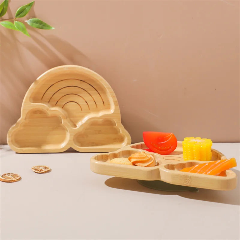 Kit Alimentação com Pratinho e Talheres de Bambu e Silicone com Ventosa