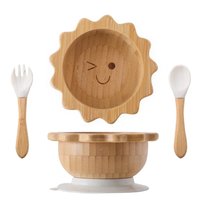 Kit Alimentação com Pratinho e Talheres de Bambu e Silicone com Ventosa