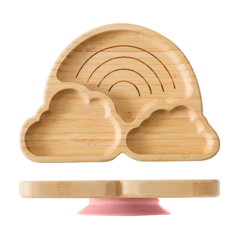 Kit Alimentação com Pratinho e Talheres de Bambu e Silicone com Ventosa
