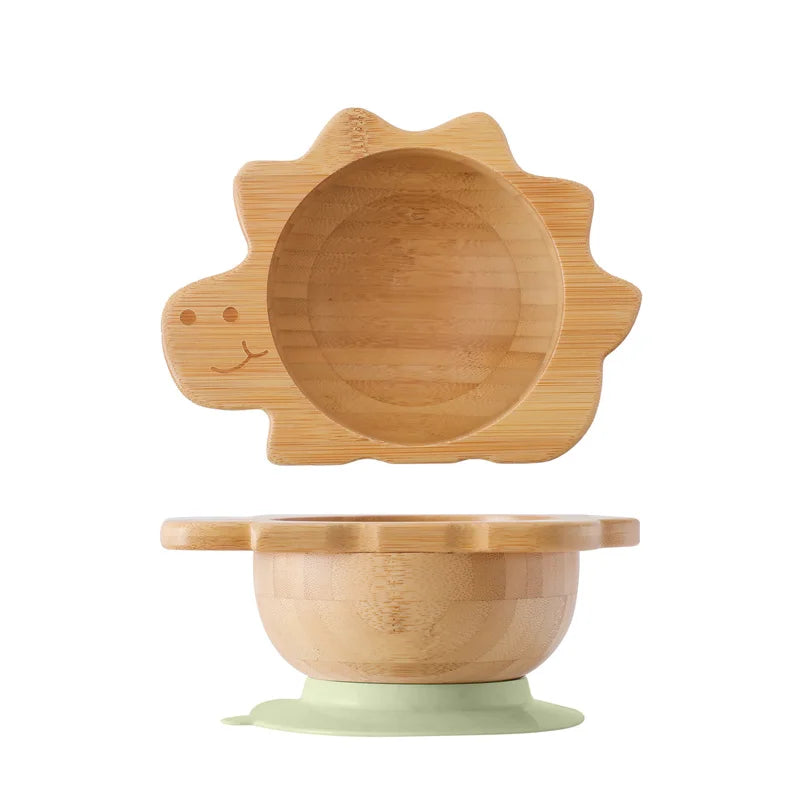 Kit Alimentação com Pratinho e Talheres de Bambu e Silicone com Ventosa
