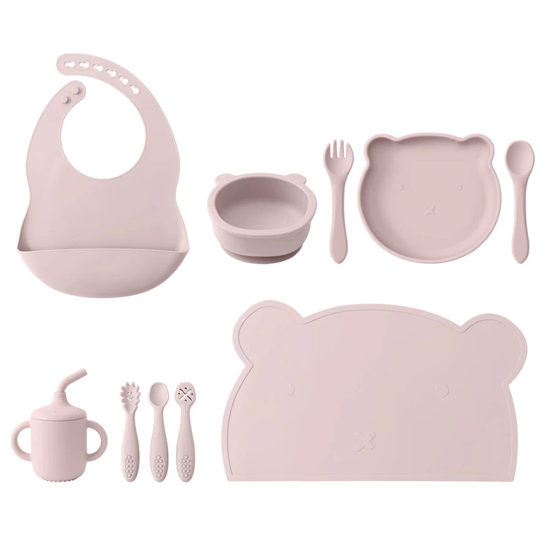 Kit Alimentação 10 Peças em Silicone – Babador, Pratinho, Talheres e Copo