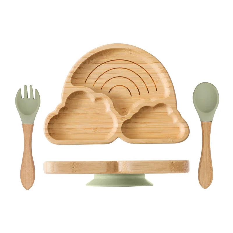 Kit Alimentação com Pratinho e Talheres de Bambu e Silicone com Ventosa