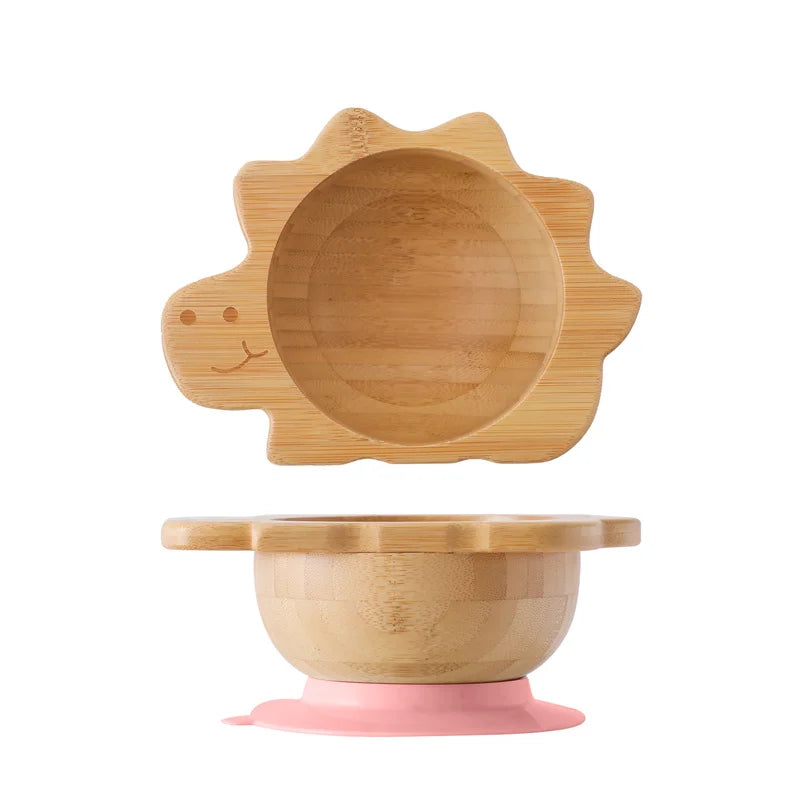 Kit Alimentação com Pratinho e Talheres de Bambu e Silicone com Ventosa