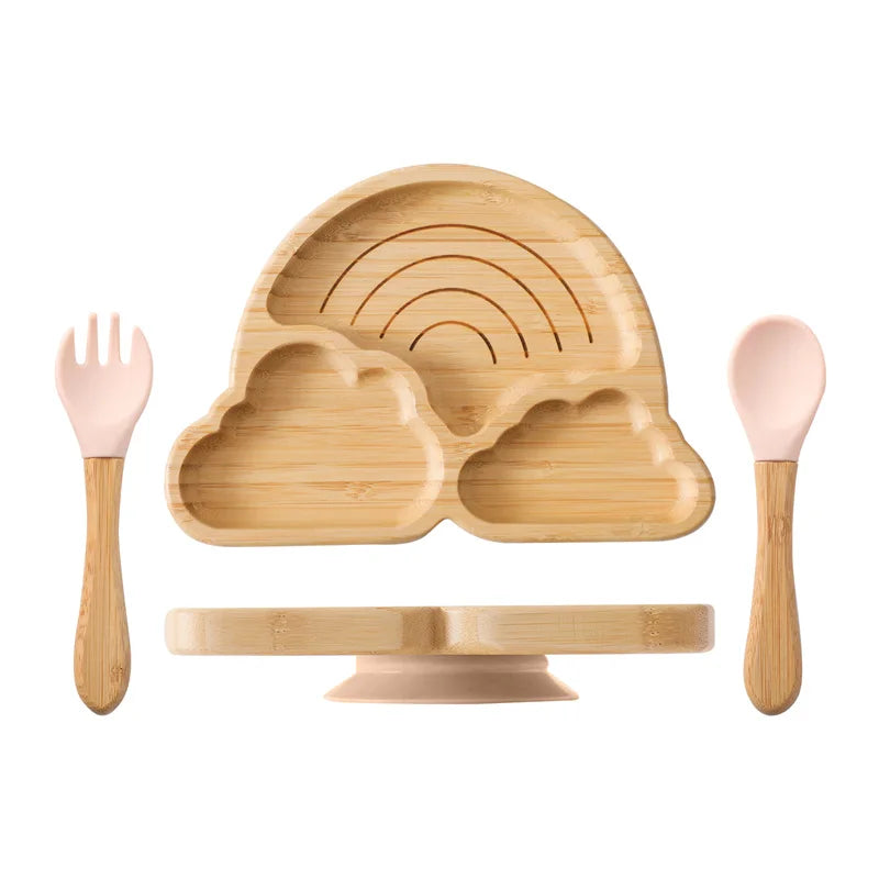 Kit Alimentação com Pratinho e Talheres de Bambu e Silicone com Ventosa
