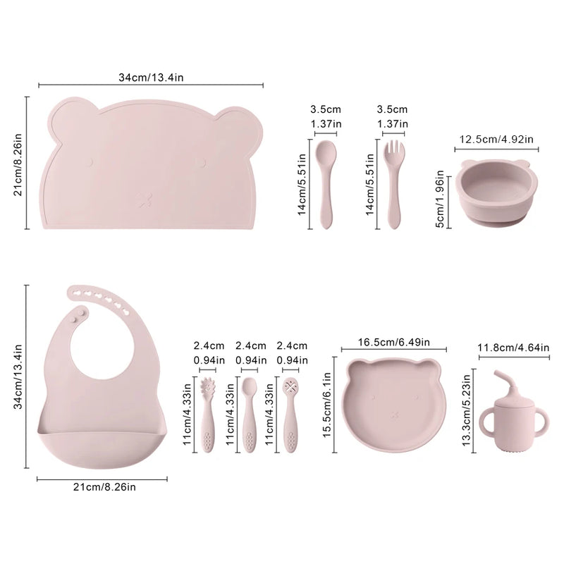 Kit Alimentação 10 Peças em Silicone – Babador, Pratinho, Talheres e Copo
