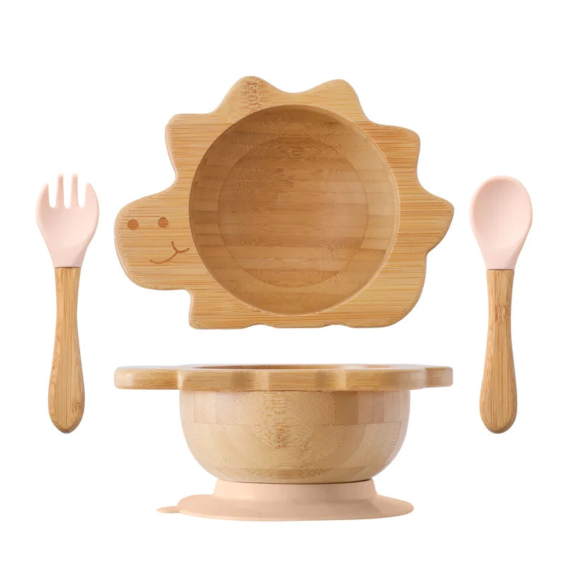 Kit Alimentação com Pratinho e Talheres de Bambu e Silicone com Ventosa