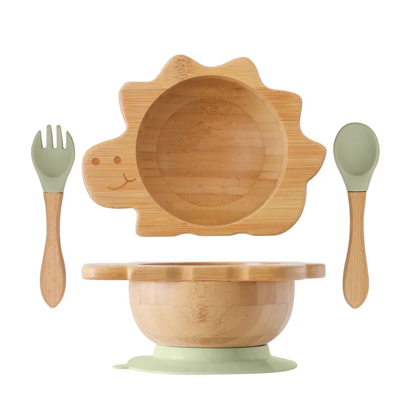 Kit Alimentação com Pratinho e Talheres de Bambu e Silicone com Ventosa