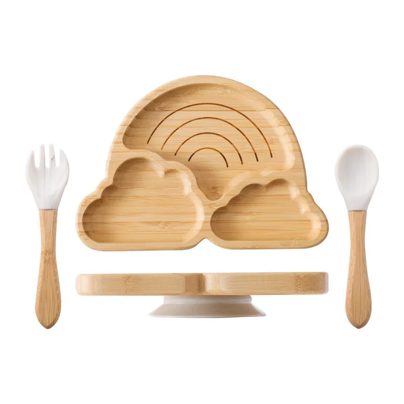 Kit Alimentação com Pratinho e Talheres de Bambu e Silicone com Ventosa
