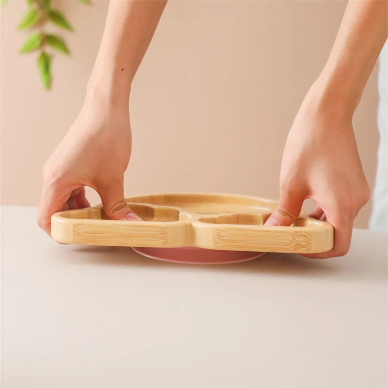 Kit Alimentação com Pratinho e Talheres de Bambu e Silicone com Ventosa
