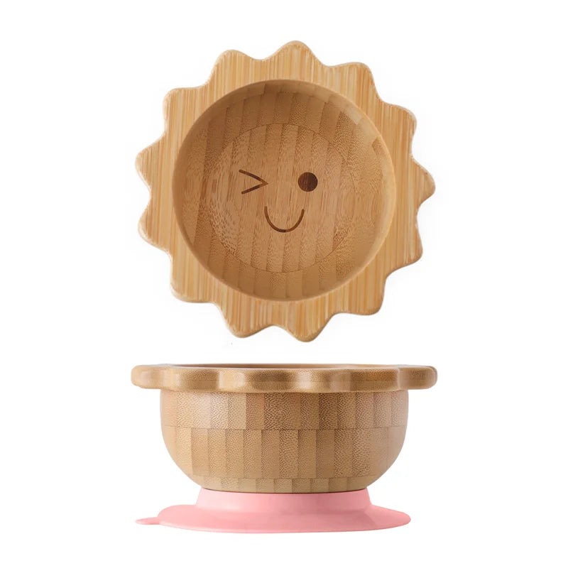 Kit Alimentação com Pratinho e Talheres de Bambu e Silicone com Ventosa