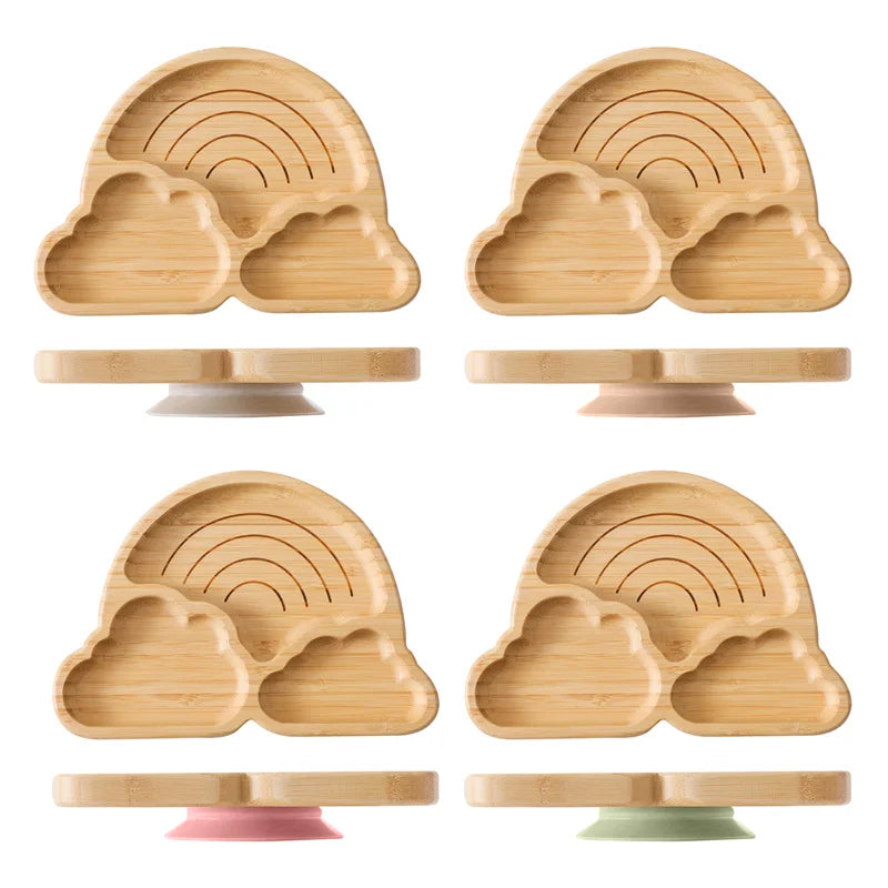 Kit Alimentação com Pratinho e Talheres de Bambu e Silicone com Ventosa